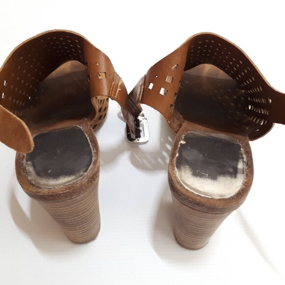 MIRABELLA Perforated Leather Platform Mules with Block Heel in Tan Suede Leather - Picture 9 of 11